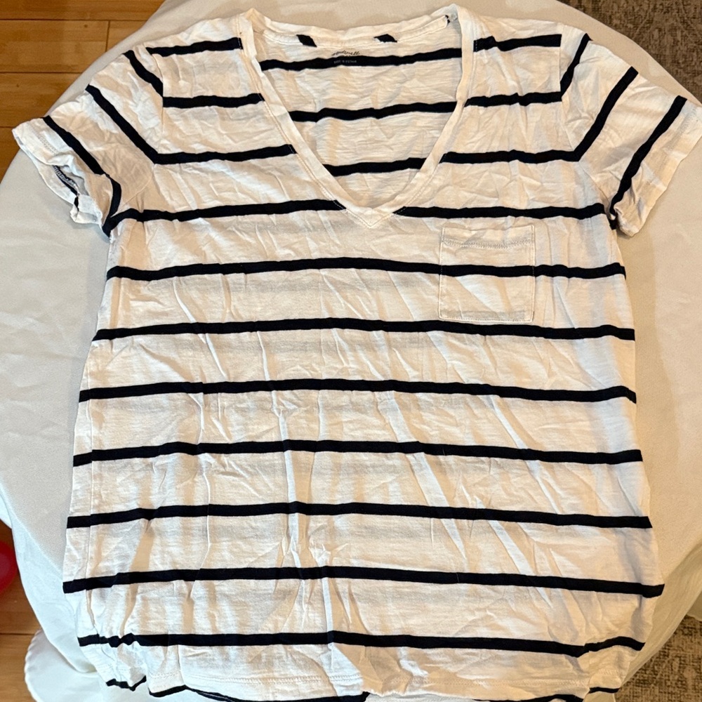 Madewell Navy and White Striped V-Neck Tee